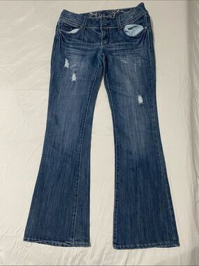 Womens Flare Jeans in Dark Blue with Subtle Distressing